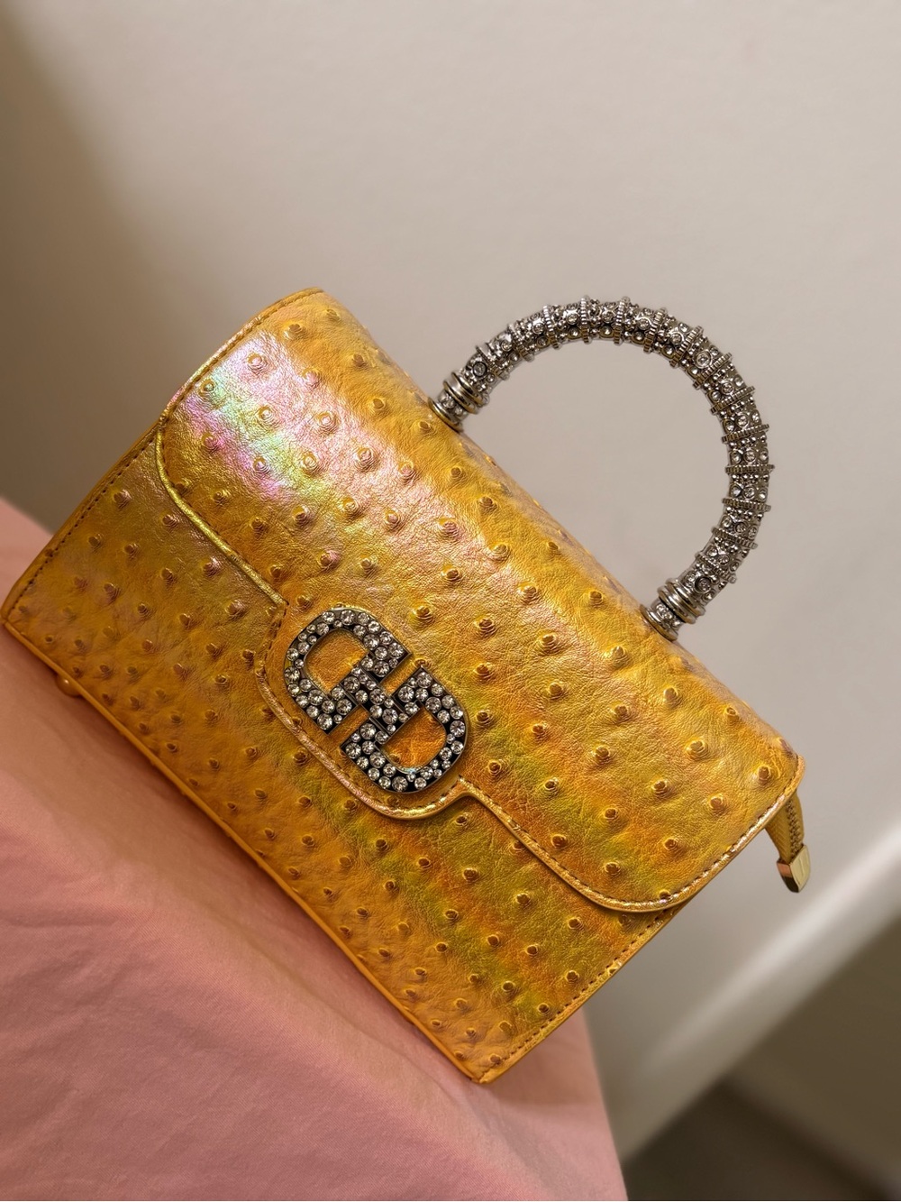 Vintage Gold Iridescent Mini Top-Handle leather shoulder Bag with Crystal Handle